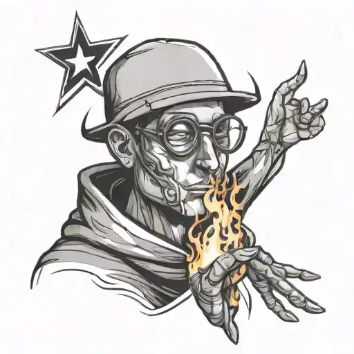 Outline Of A Faceless Man Wearing Glasses Holding Fire And A Star In His Hands