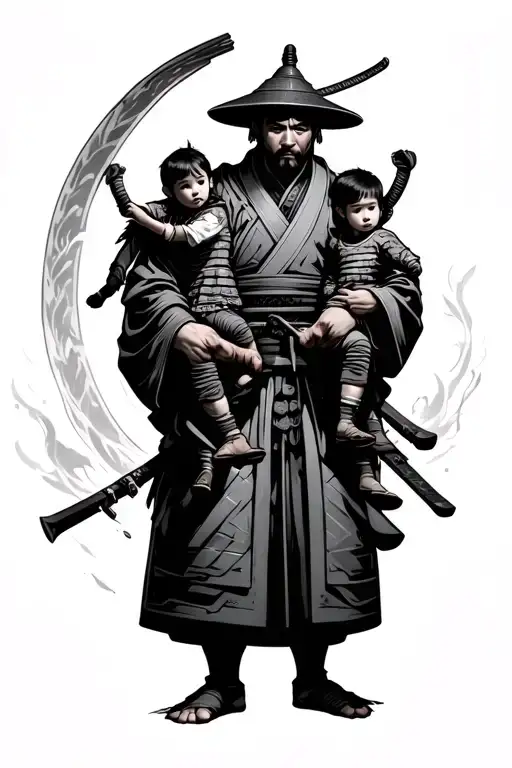 Samurai Holding His Two Kids And Having His Teenager With Him