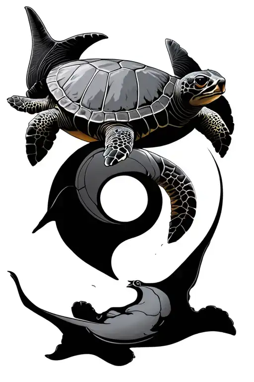 Ying And Yang Symbol Made Of A Sea Turtle And A Manta Ray
