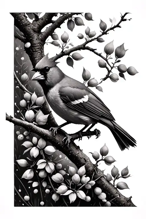 Hawthorn Tree Branch With Cardinal Perched