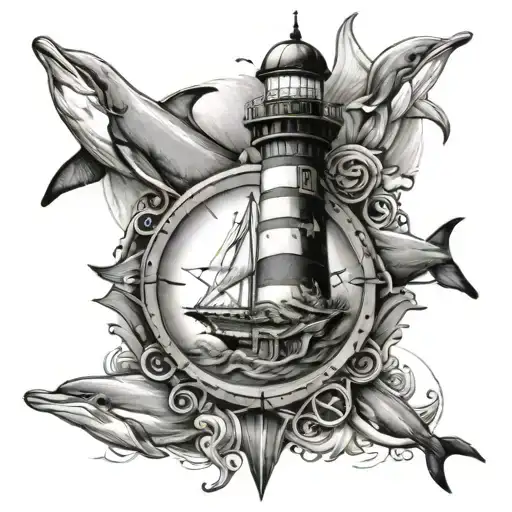 In A Compass A Dolphin And A Light House Surrounded