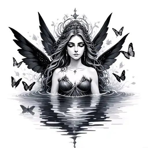 Aquarius Goddess With Dark Fairy Wings And Butterflies Surrounding The Water