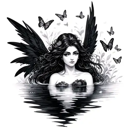 Aquarius Black Goddess Woman With Dark Fairy Wings And Butterflies Surrounding The Water