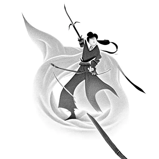 A Silhouette Of Mulan Holding A Sword With A Dragon Flying Above