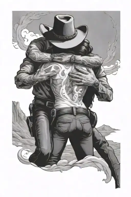 Male Cowboy Back Holding Women Warpped Around Waist Full Body With Frame