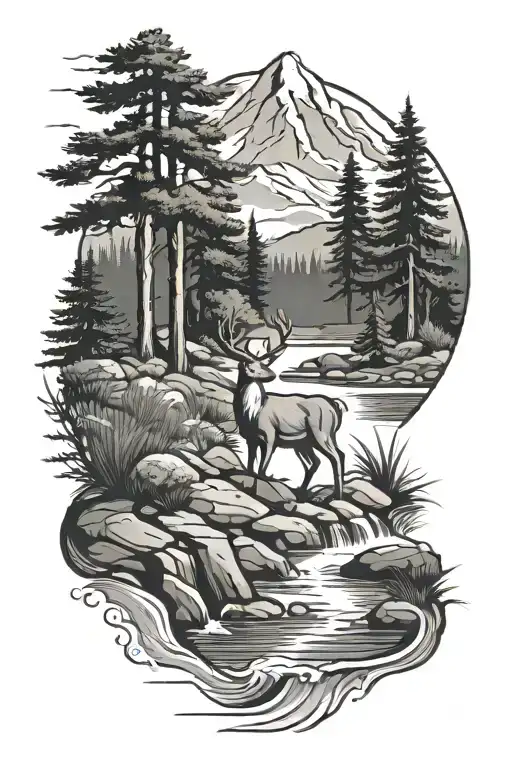 Creek Runing From A Mountain With Pine Trees And A White Tail Deer Standing In The Water