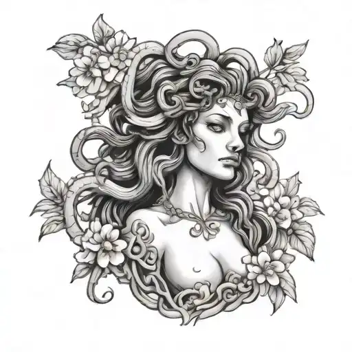 A Black And Grey Portrait Of Medusa Surrounded By Blooming Flowers