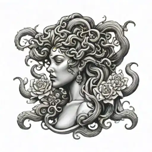A Black And Grey Portrait Of Medusa Surrounded By Blooming Flowers