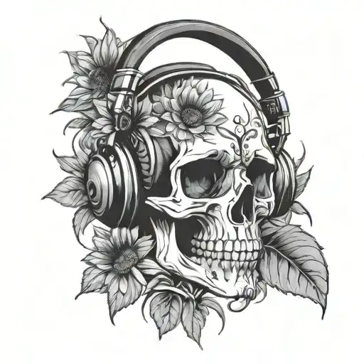 Sunflower Skull Wearing Headphones
