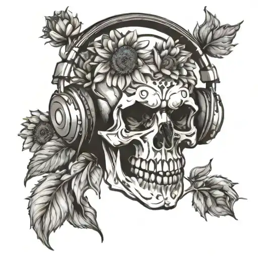 Sunflower Skull Wearing Headphones