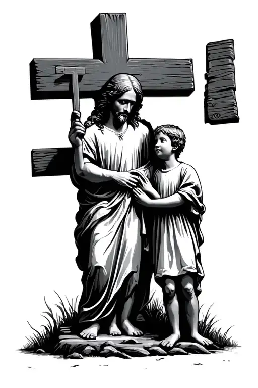 A Cross With God Stand With A Little Kid Holding Hands