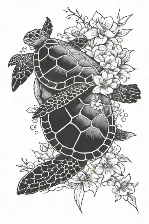 Sea Turtle Swimming With Flowers Blooming