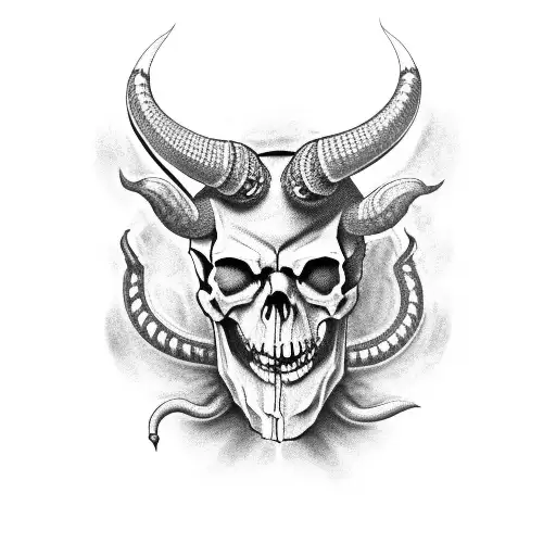 Demonic Skull With Horns And Snake