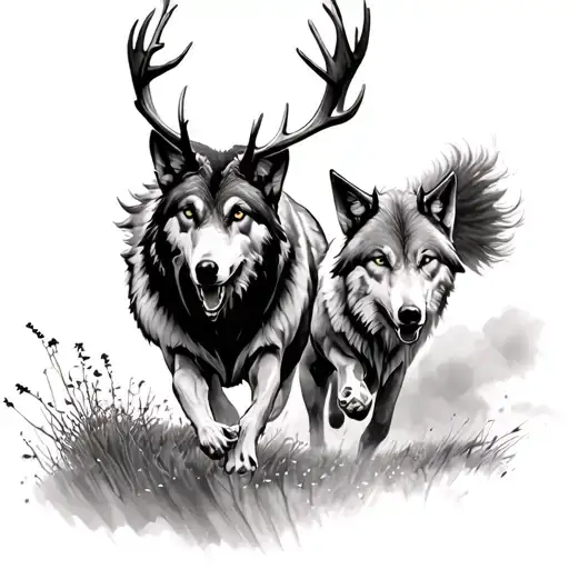 Stag And Wolf Running