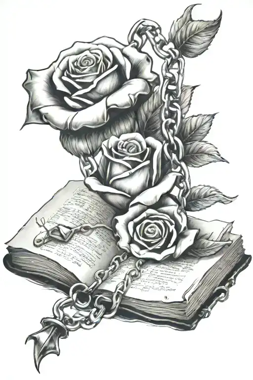 Open Book With Hand Wrapped In A Chain Coming Out Holding A Rose