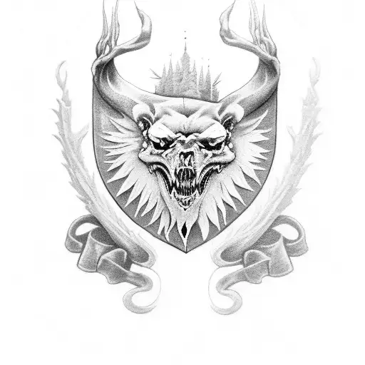 A Grey Black Tattoo Of The Thompson Family Crest