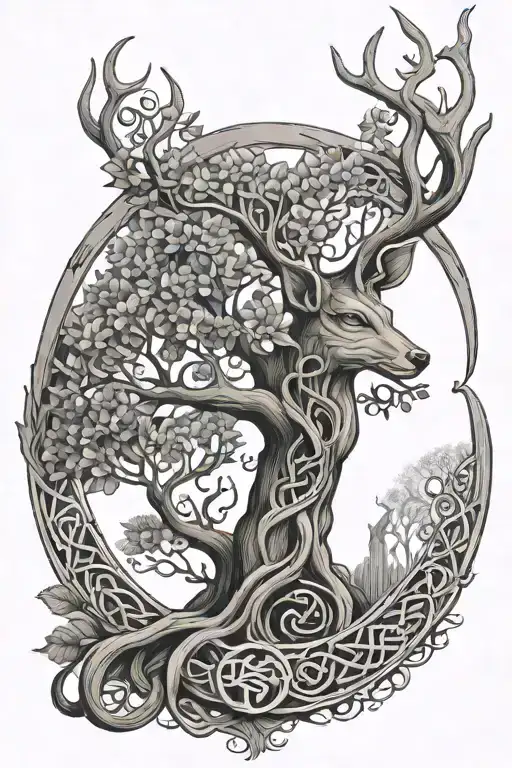 Crescent Shaped Tree Of Life With Celtic Knot Roots And A Doe Underneath The Tree Branch