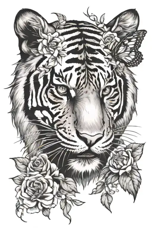 Tiger Head With Roses And Daisy Flowers And Butterflies Flying Around