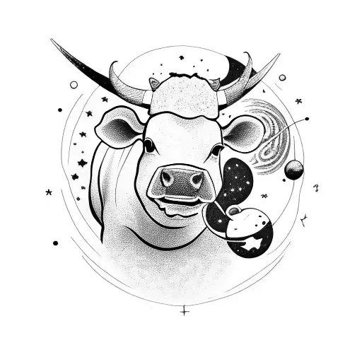 A Minimalist Tattoo Of A Cow Floating In Outer Space Surrounded By Stars And Planets