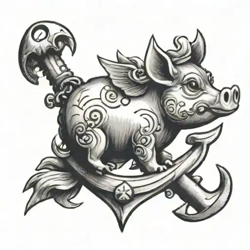 Anchor And Cute Flying Pig Connected 