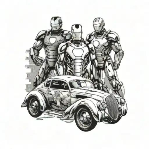 A Collage Of Ironman's Various Suits Integrated Into A Vintage Car Design