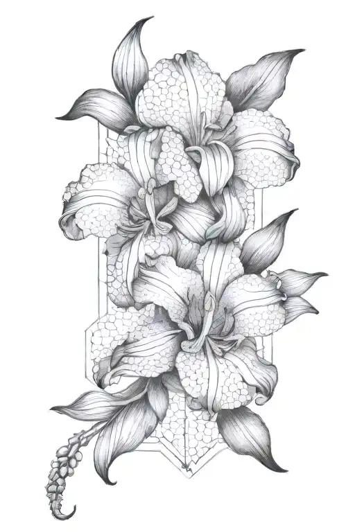 Iris And Water Lilly Over Honeycomb Pattern