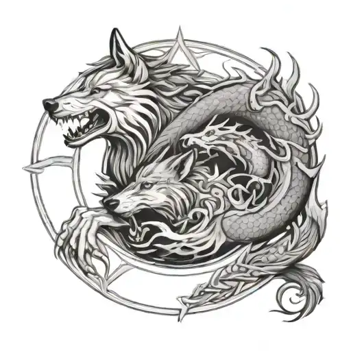 Wolf And Dragon Around A Circle Shape