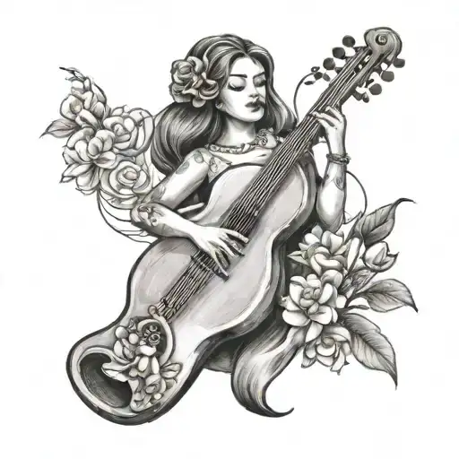 A Tattoo Design Of A Woman Playing A Musical Instrument Under A Blooming Tree