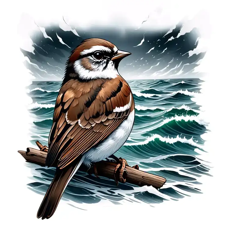 Sparrow With A Ocean Background