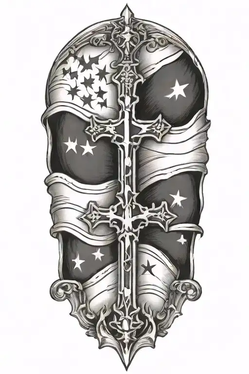Vertical Amercian Flag Intertwined With 3 Crosses