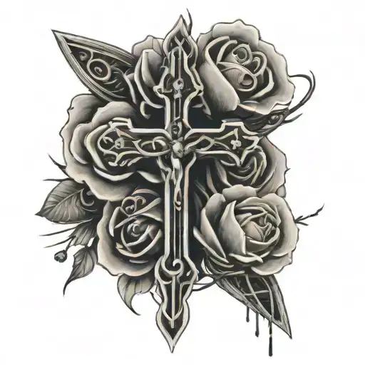 Dainty Cross With Powerlines Wrapping Around It With Flowers Growing Up The Gross