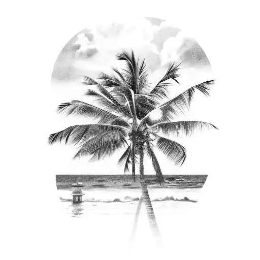 Ocean Pier With Palm Trees And Lightning