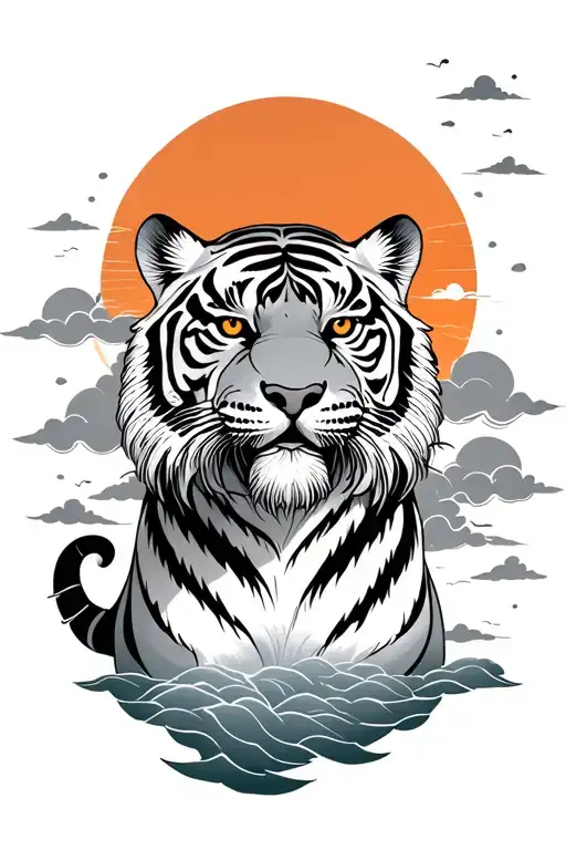 Japanese Style Tiger With Clouds And Sun