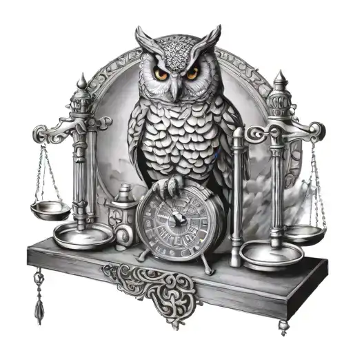 A Surreal Scene Of An Owl Painting A Masterpiece On A Canvas Balanced On Libra Scales