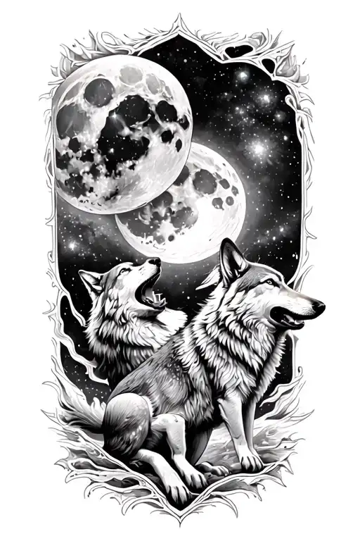 A Cosmic Tattoo Featuring A Galaxy With Wolves Howling At The Moon