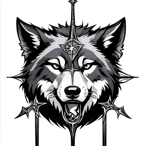 Geo Matric Wolf Head With Sword And Geo Compass Design