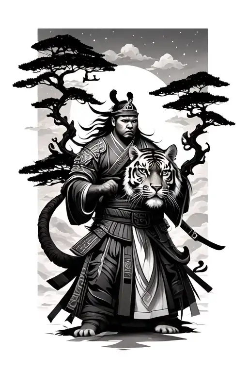 Japanese Warrior And Trees With A Tiger