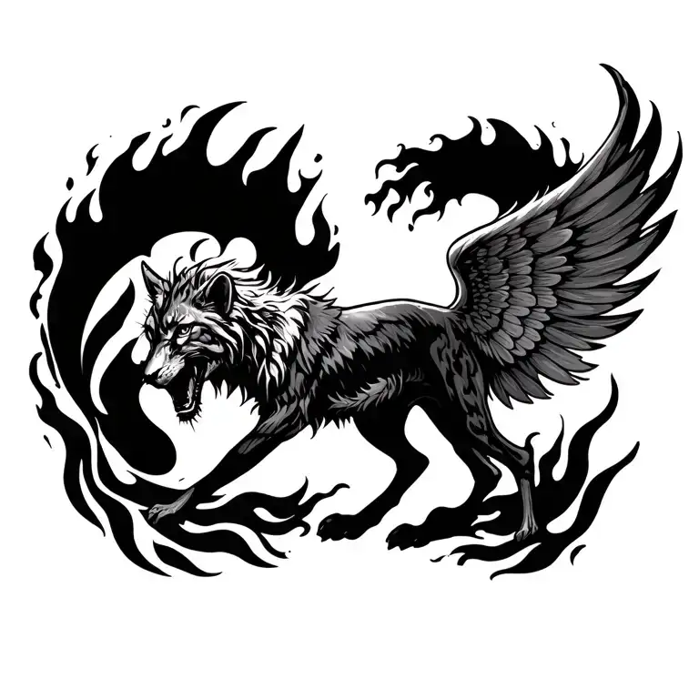 Animal Walking With Human Inside A Fire Flame Like Wings