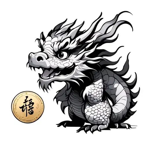 Cute Chinese Dragon Guarding A Coin