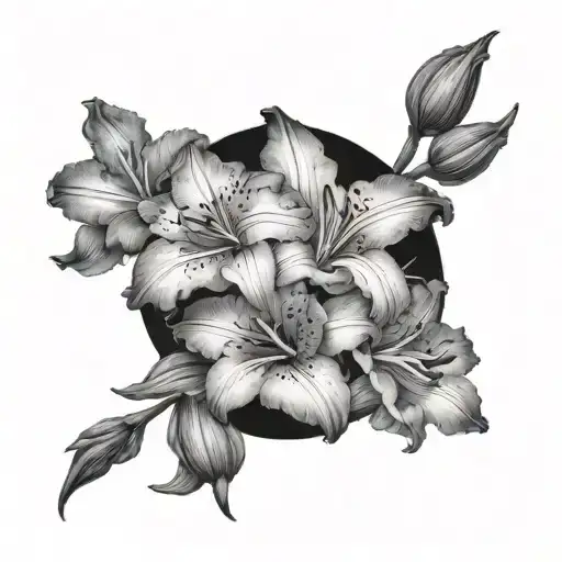 A Black And Grey Portrait Of A Gladiolus And Cosmos Flower Representing The Feminine Strength