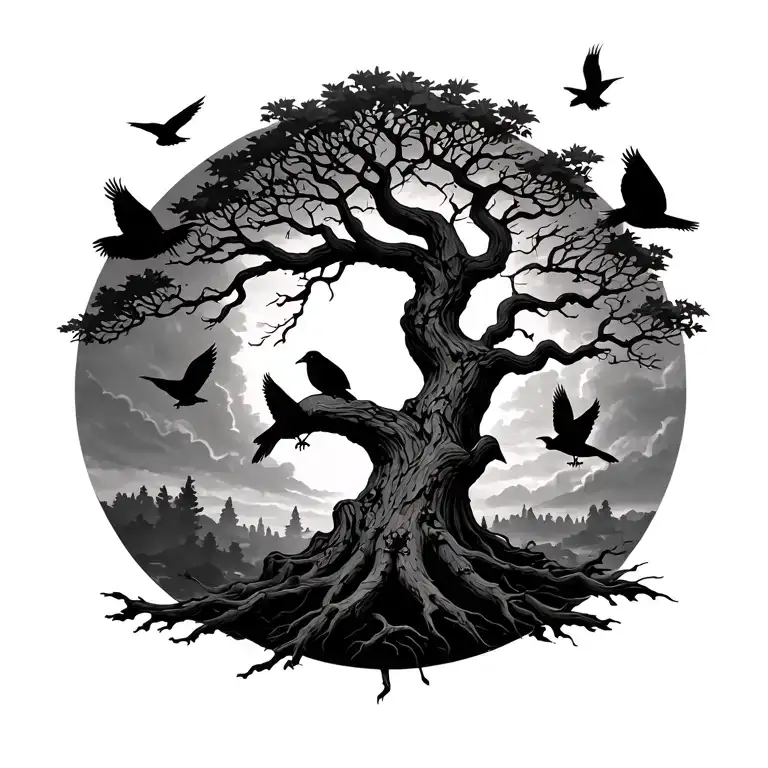 Full Back Tree With Crows Flying And Perched Atop