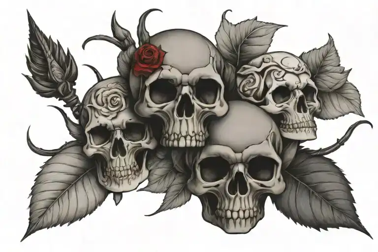 2 Skulls With Roses And A Black Widow Spider