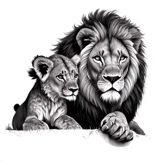 Lion Looking Over A Lion Cub