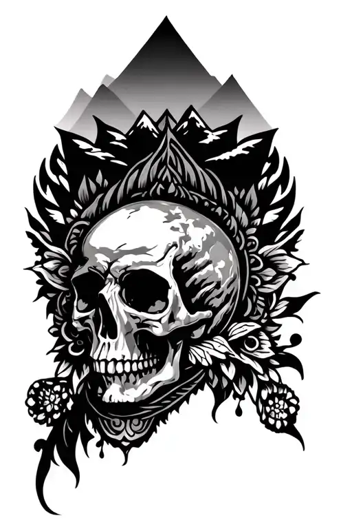 Mandala Design Incorporating Elements With Skull And Mountain Ranges