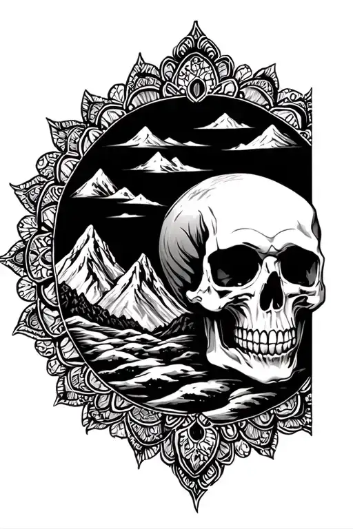 Mandala Design With Skull And Mountain Ranges Fading Into The Distance