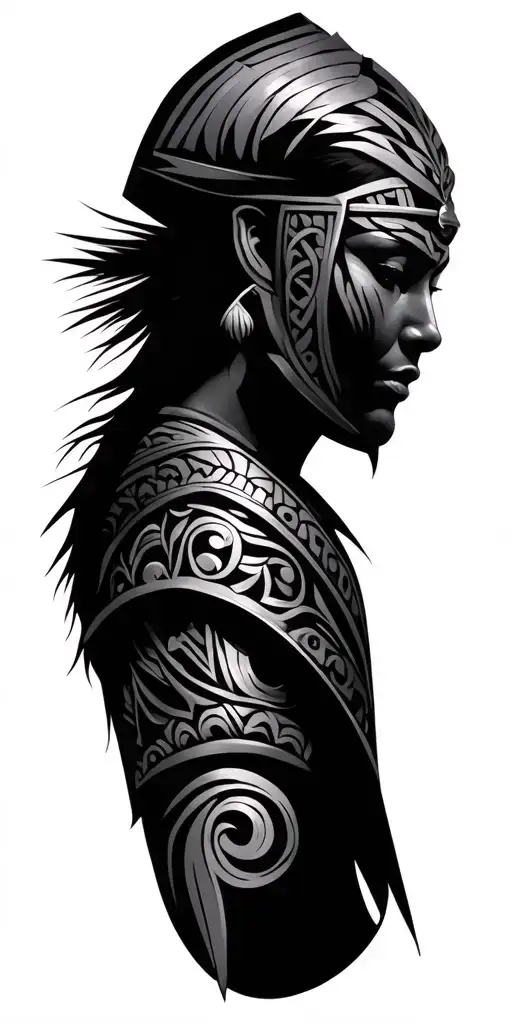 Maori Tribal Mixed With Black And Grey Realism Of A Knight And Stylized Female Face