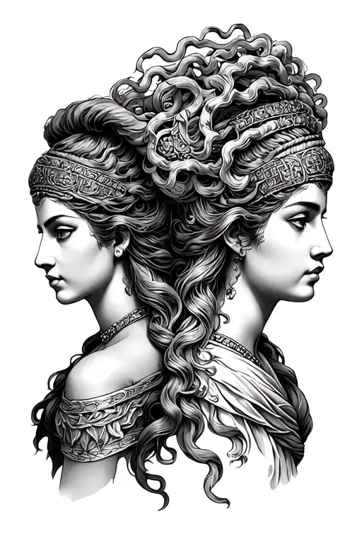 Greek Goddesses Athena And Medusa Back To Back From The Head To The Chest