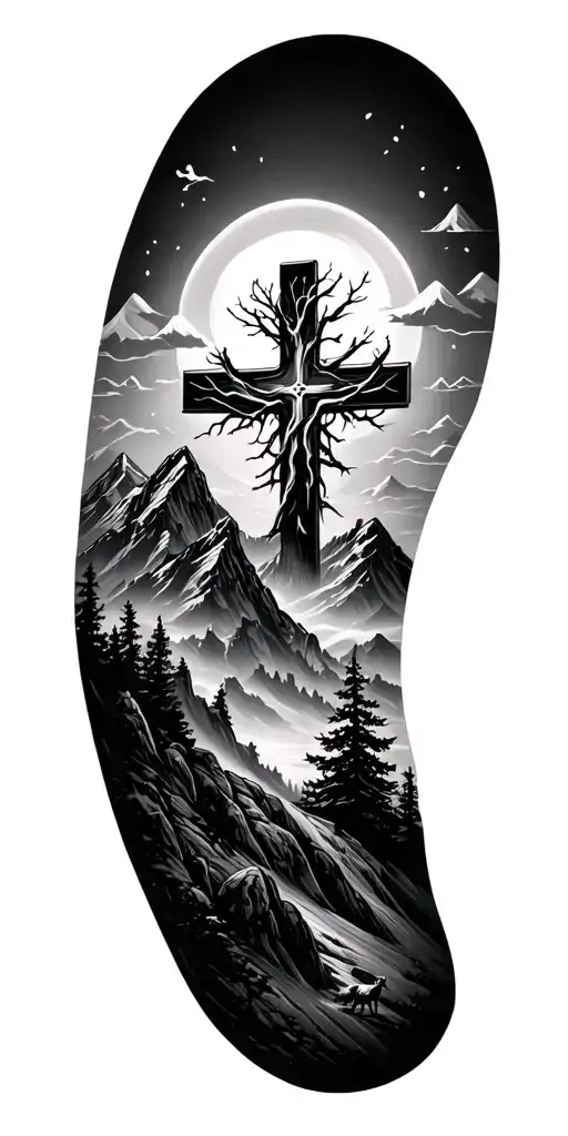 Cross On Top Of Mountain With Wildlife On Mountain