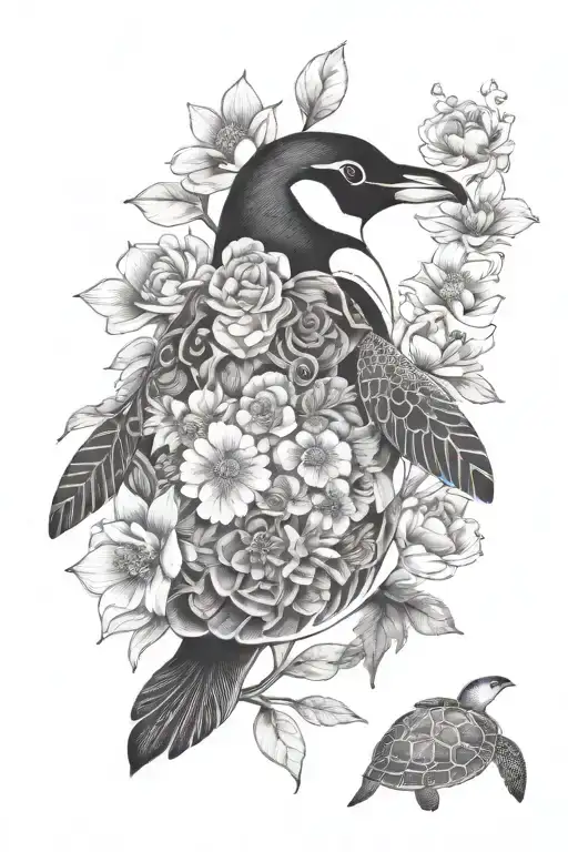 Penguin Turtle Flowers Surrounding