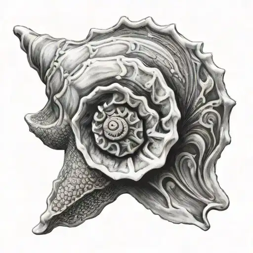 A Realistic Black And Grey Portrait Of A Conch Shell With Intricate Details